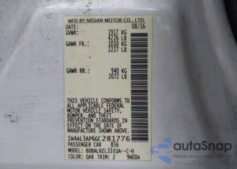 2016 Nissan Altima 2.5 Sr z USA, uszkodzony, nr VIN 1N4AL3AP6GC281776